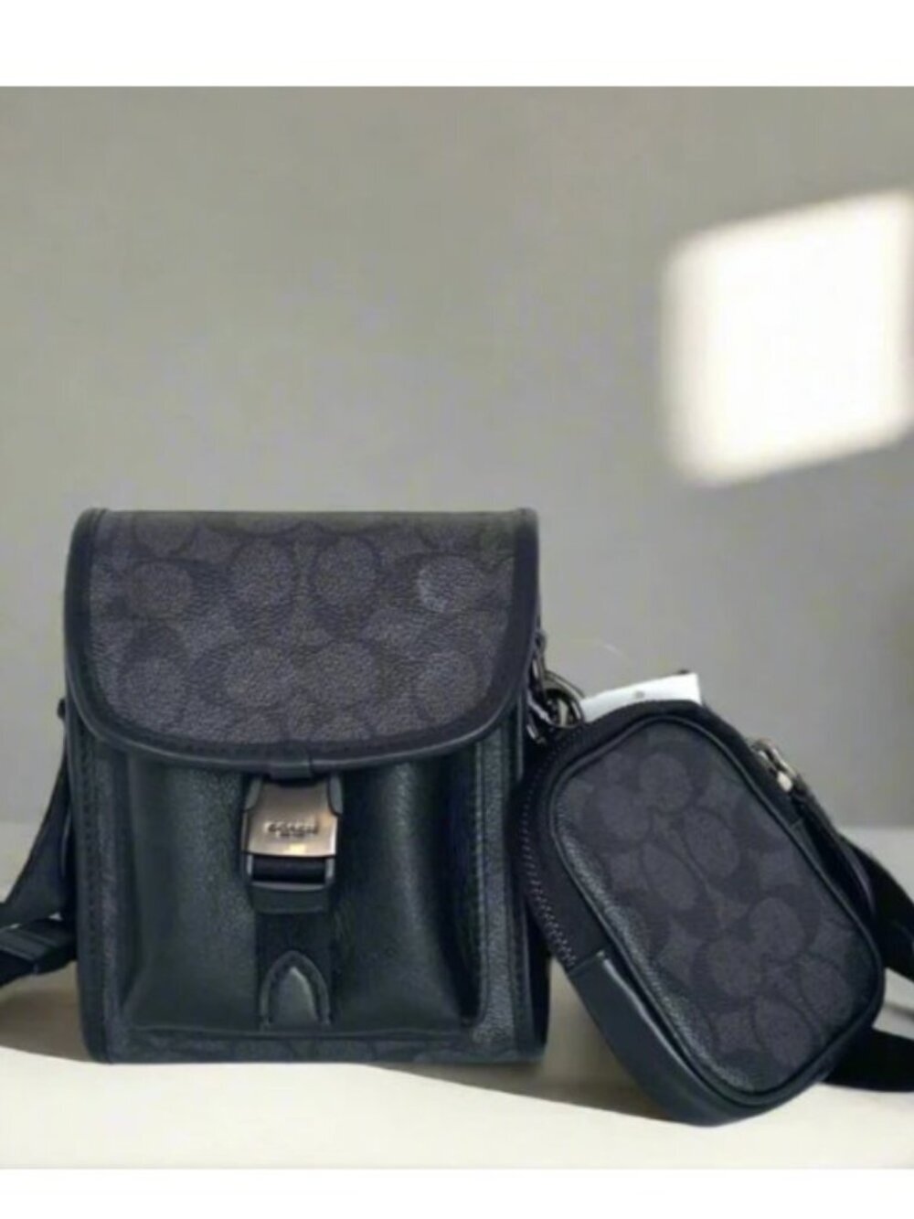 Coach Charter North South Crossbody Black Signature Canvas Hybrid Pouch C2600